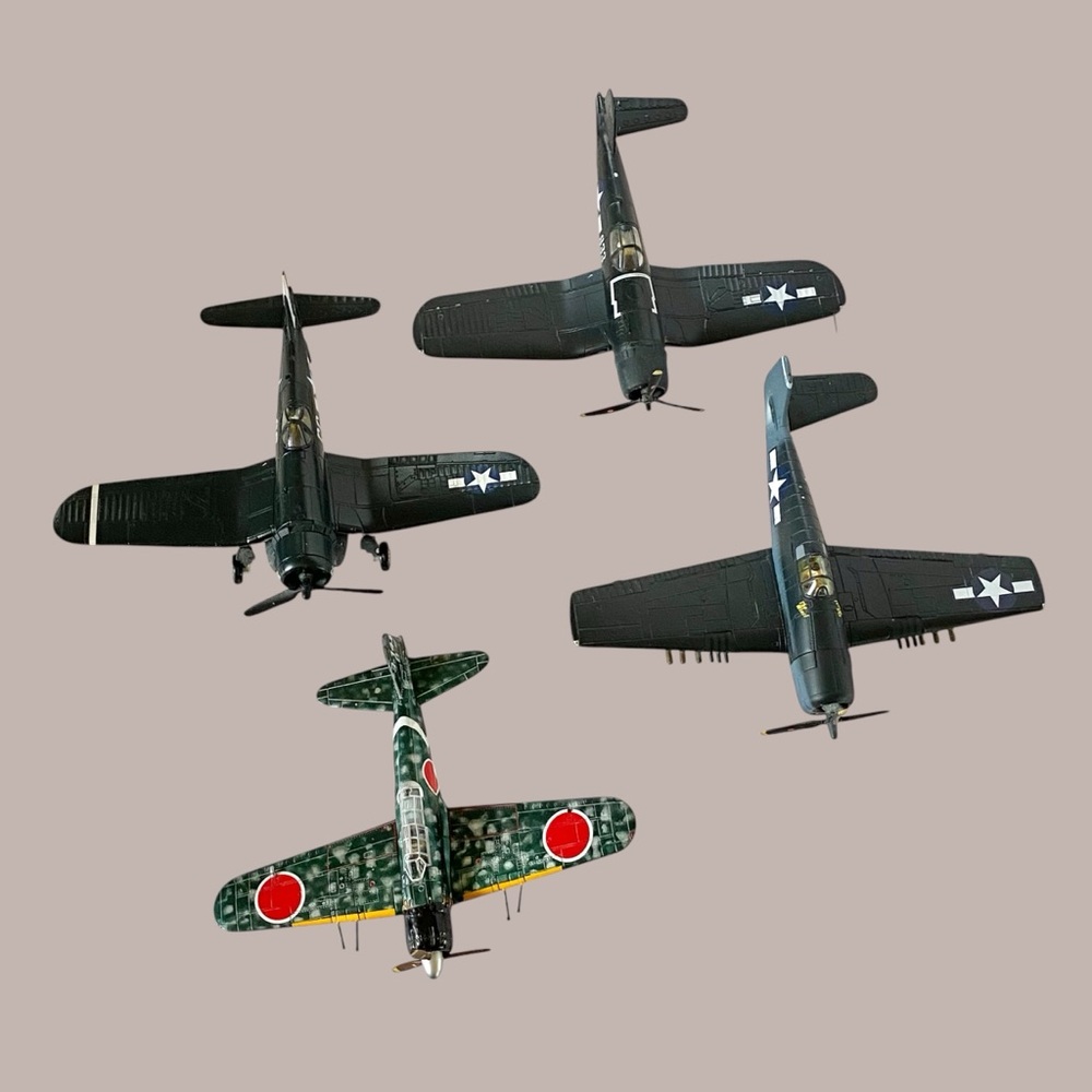 Set of 4 Vintage Cast Metal WWII Model Airplanes Matchbox Mattel Hellcat Zero